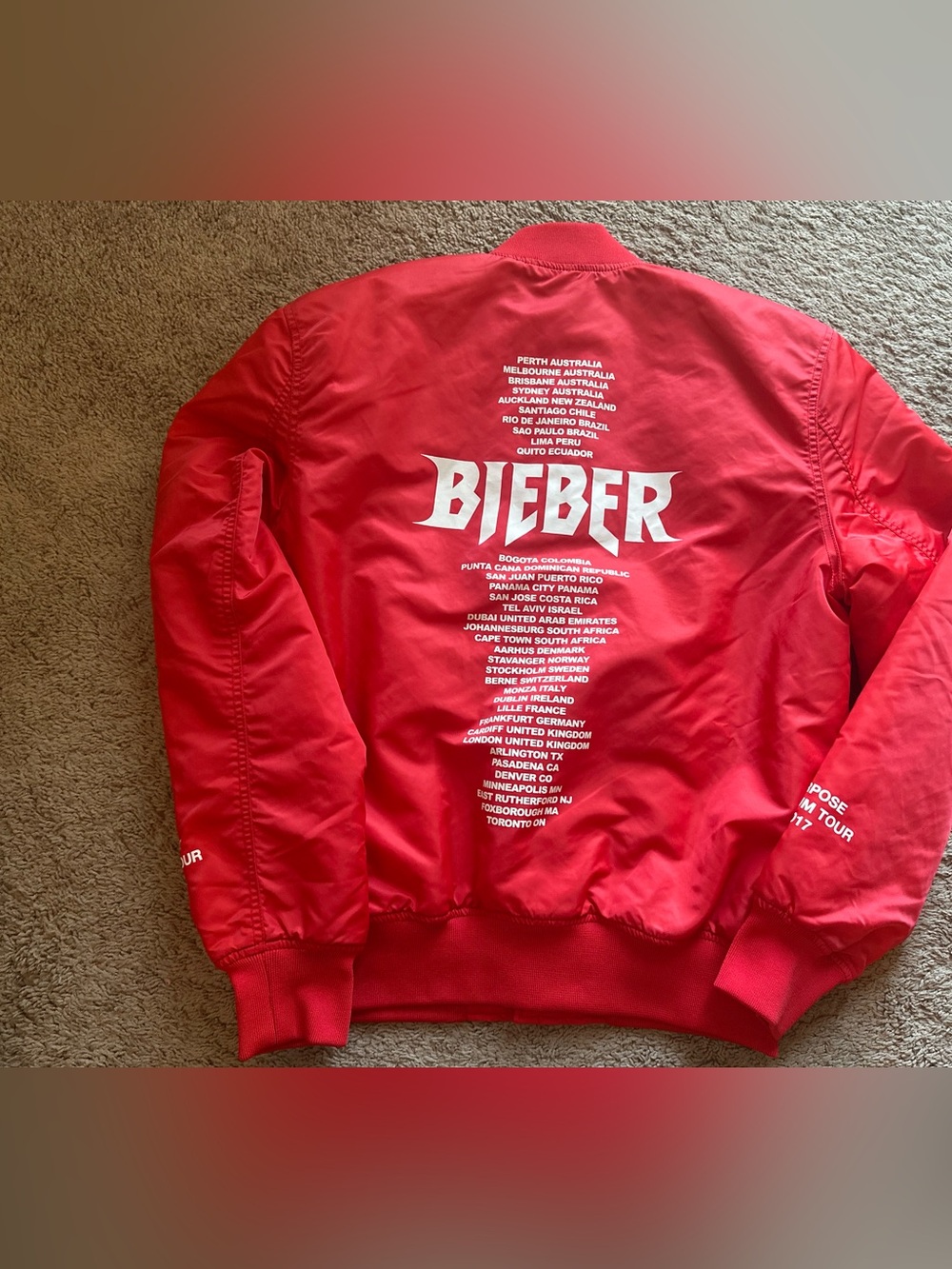 Justin Bieber Purpose Tour Bomber Jacket Red TEAM 2017 Unisex  M Festival Outfit